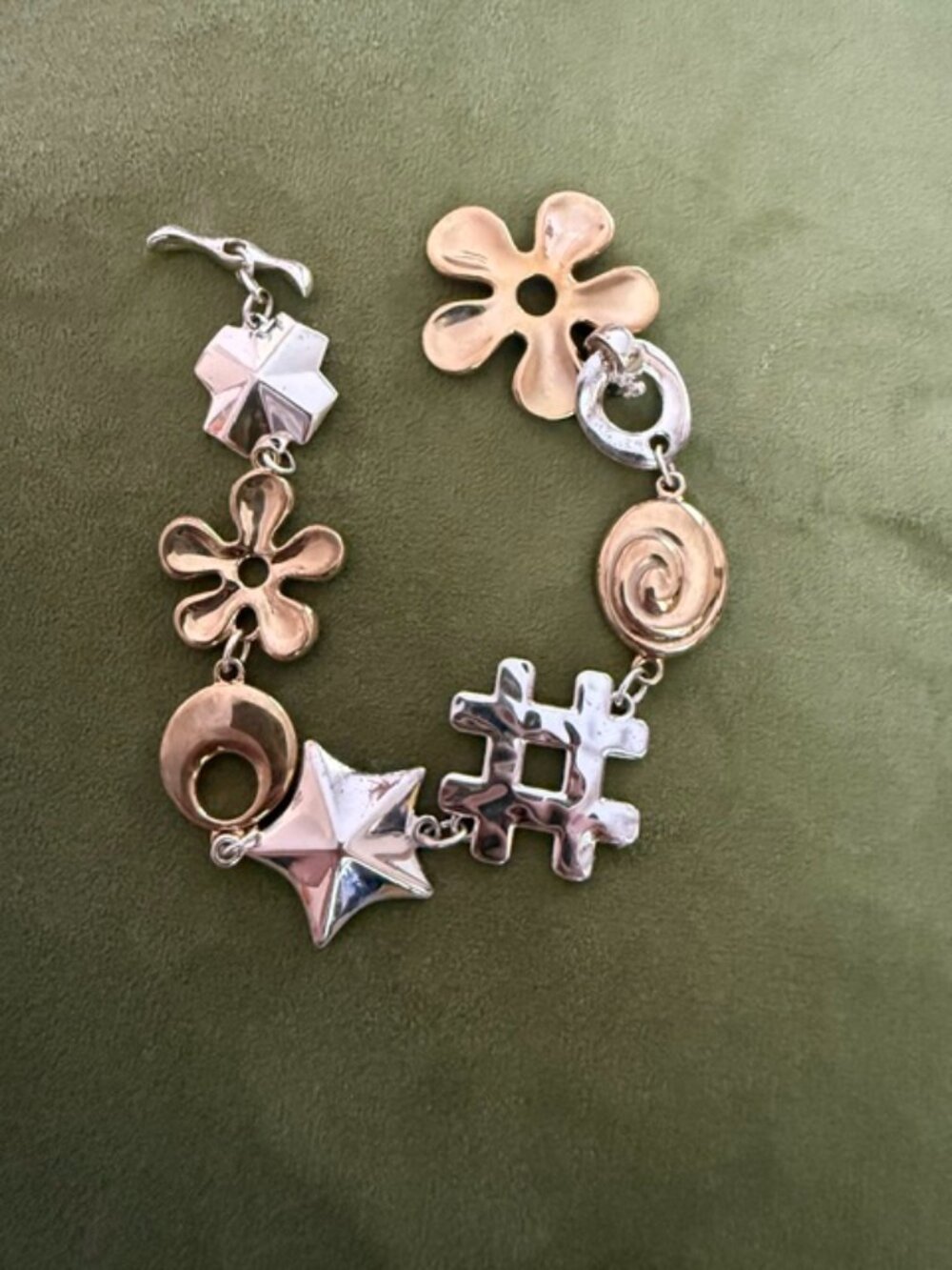 ROBERT LEE MORRIS Unusual FLOWER STAR Wide Sterling Silver Brass Toggle Bracele